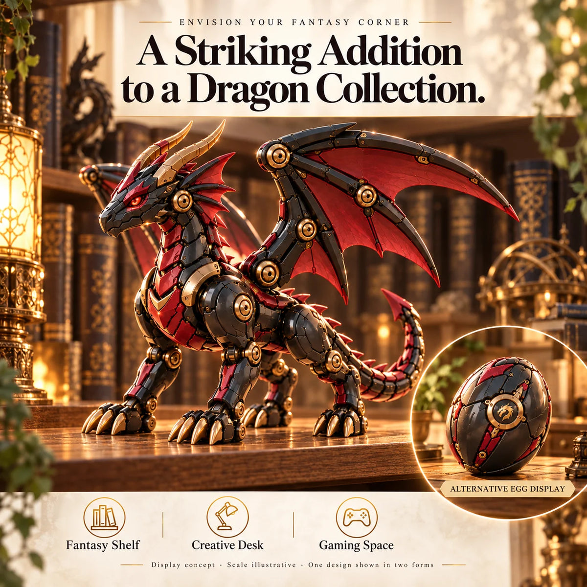 🔥LAST DAY 49% OFF -🐉 Mechanical Dragon Egg – Black & Crimson Dragon with Folding Wings & Armored Details⏳