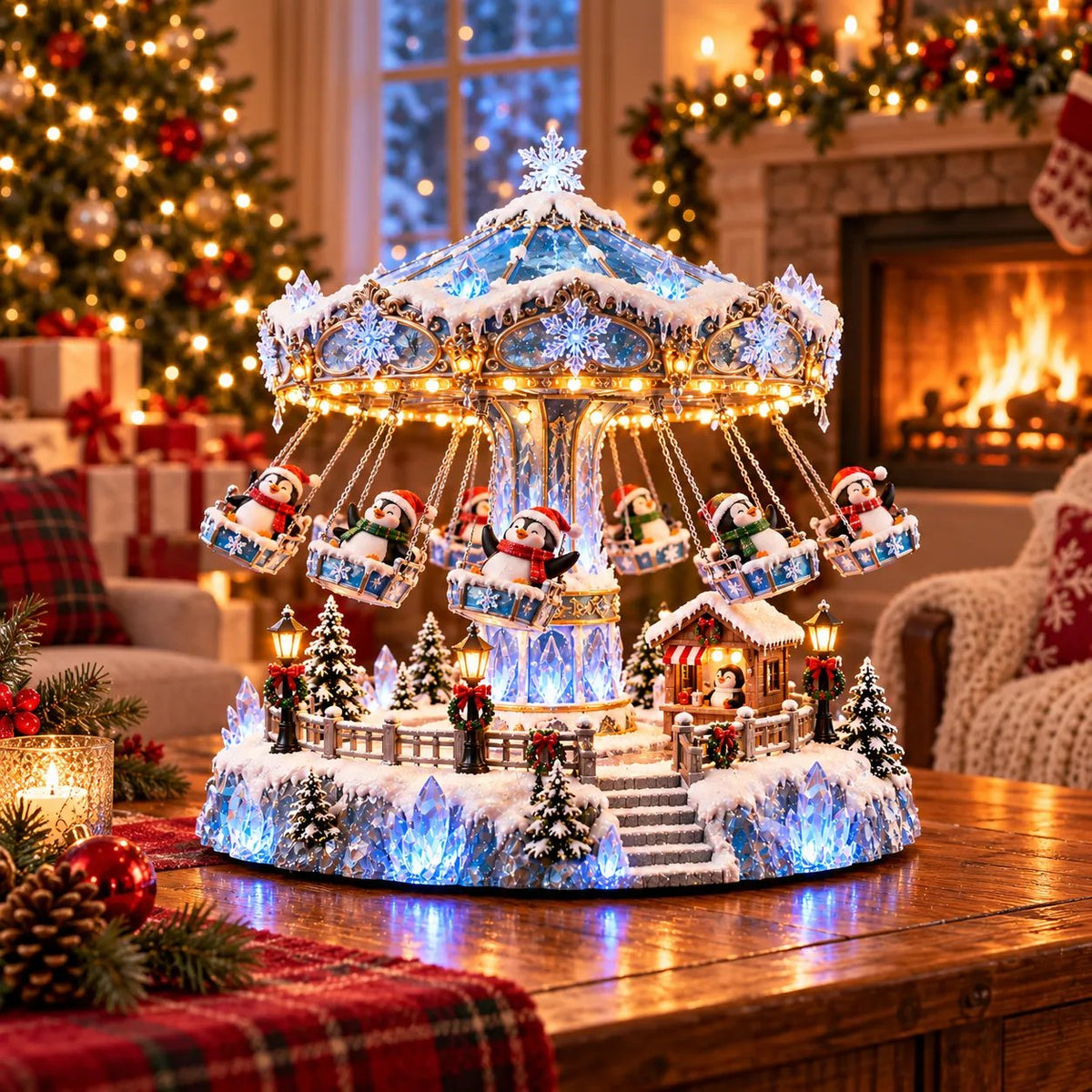 ✨🐧 Penguin Winter Swing Carnival – Light-Up Rotating Christmas Village Decor