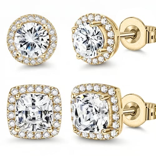 😍 Buy 1 Get 1 Free🔥Halo Stud Earrings 4-Pack - Gold & Silver Round/Square Styles