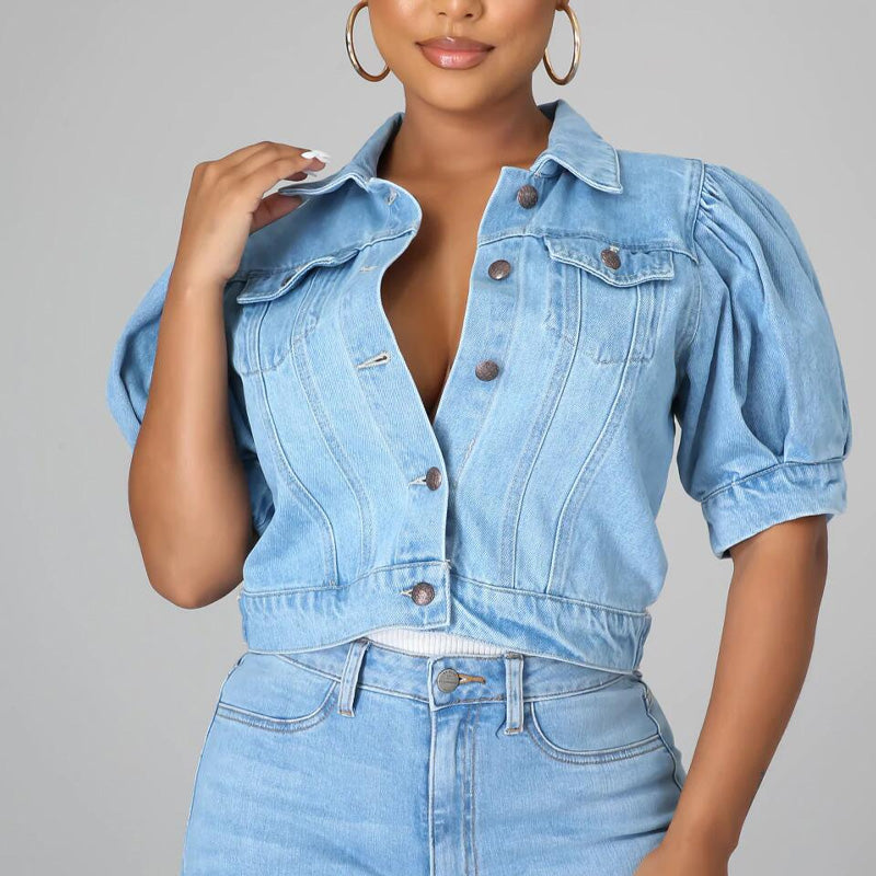 📢📢30% OFF !! ⏰Women's Puff Short Sleeve Cropped Denim Jacket