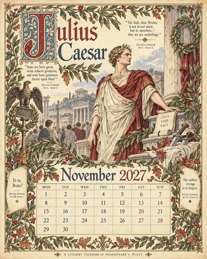 🎁A Shakespearean Year 2027 – 12 Plays Through the Seasons | Vintage Illustrated Wall Calendar