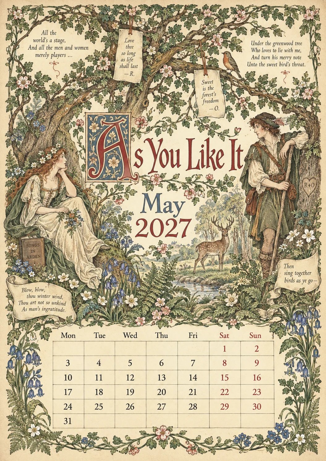 🎁A Shakespearean Year 2027 – 12 Plays Through the Seasons | Vintage Illustrated Wall Calendar