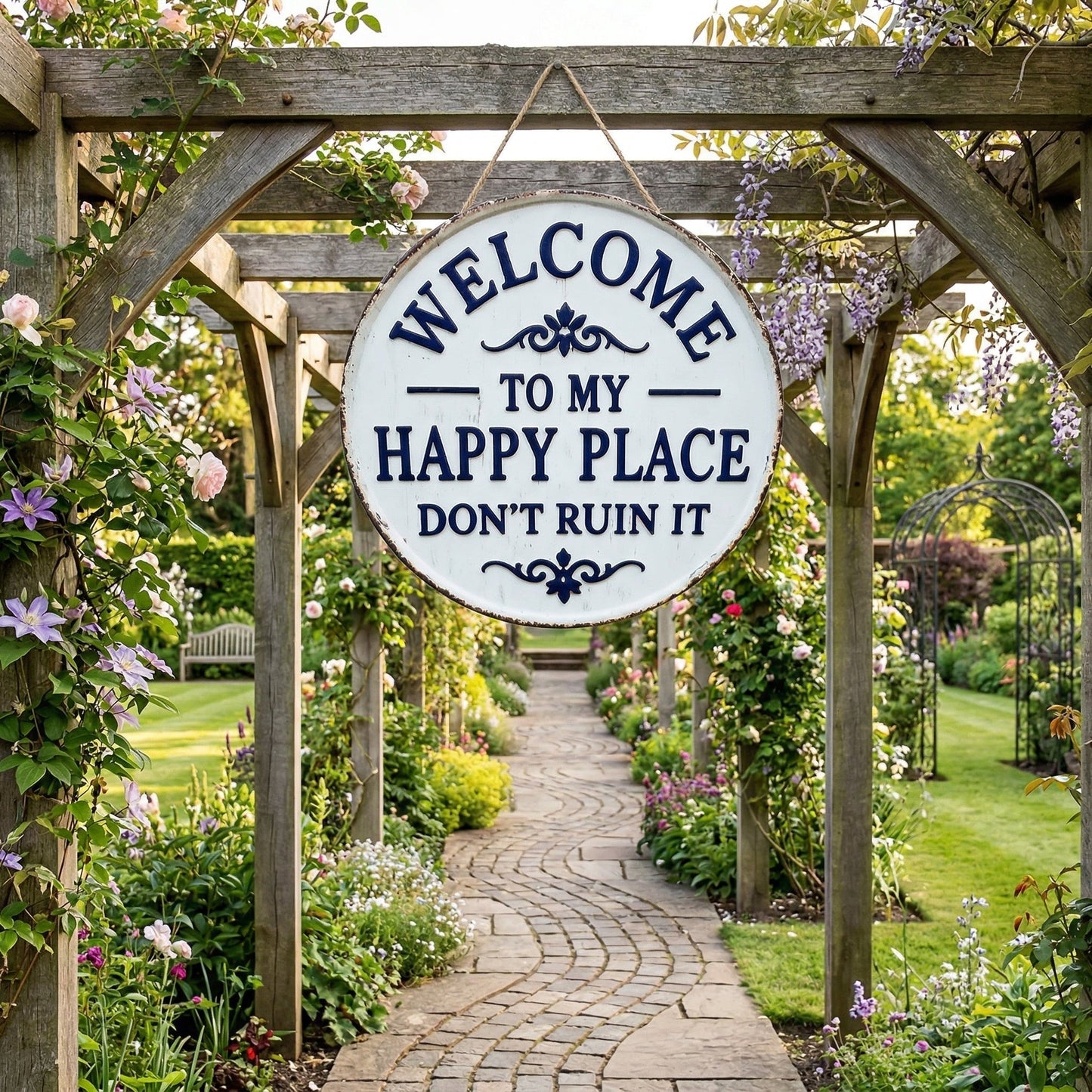 😂Vintage Round Metal Sign – “Welcome to My Happy Place Don’t Ruin It” Garden Wall Decor