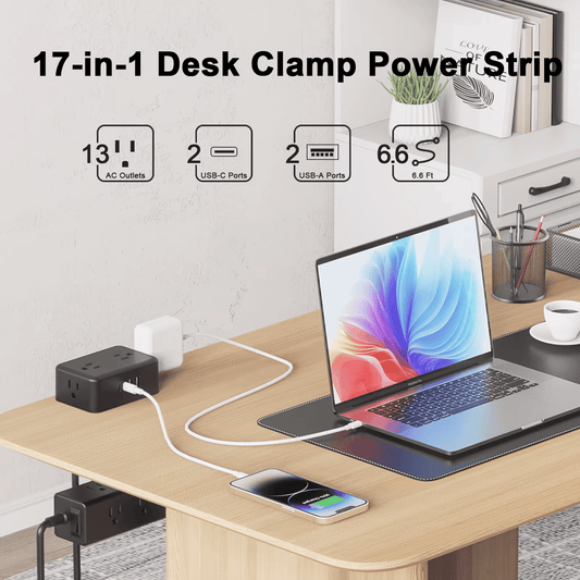 Clamp-On Power Strip  – 10 Ports, 20W Fast Charge, Zero Desk Clutter