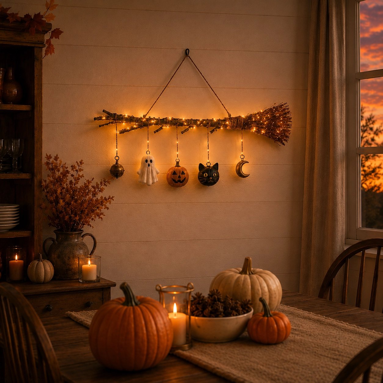 🍂 Lighted Fall Broom Wall Hanging – Cozy Halloween & Autumn Decor