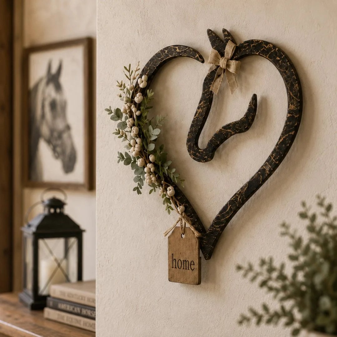 🏠 ✨Rustic Horse Heart Wall Decor with Greenery – Farmhouse Equestrian Home Accent