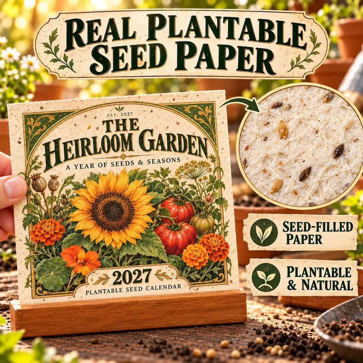 🌱 2027 Heirloom Garden Plantable Seed Calendar | 12 Plantable Months with Vintage Botanical Art & Wooden Stand 🌼