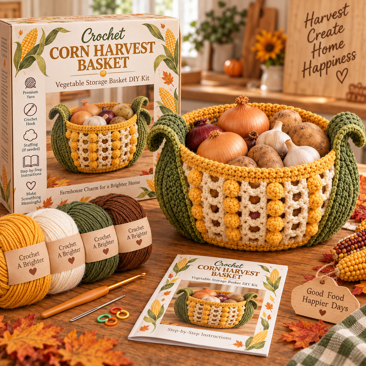 🍂🧶 Harvest Basket Crochet DIY Kit – Charming Vegetable Storage & Fall Décor