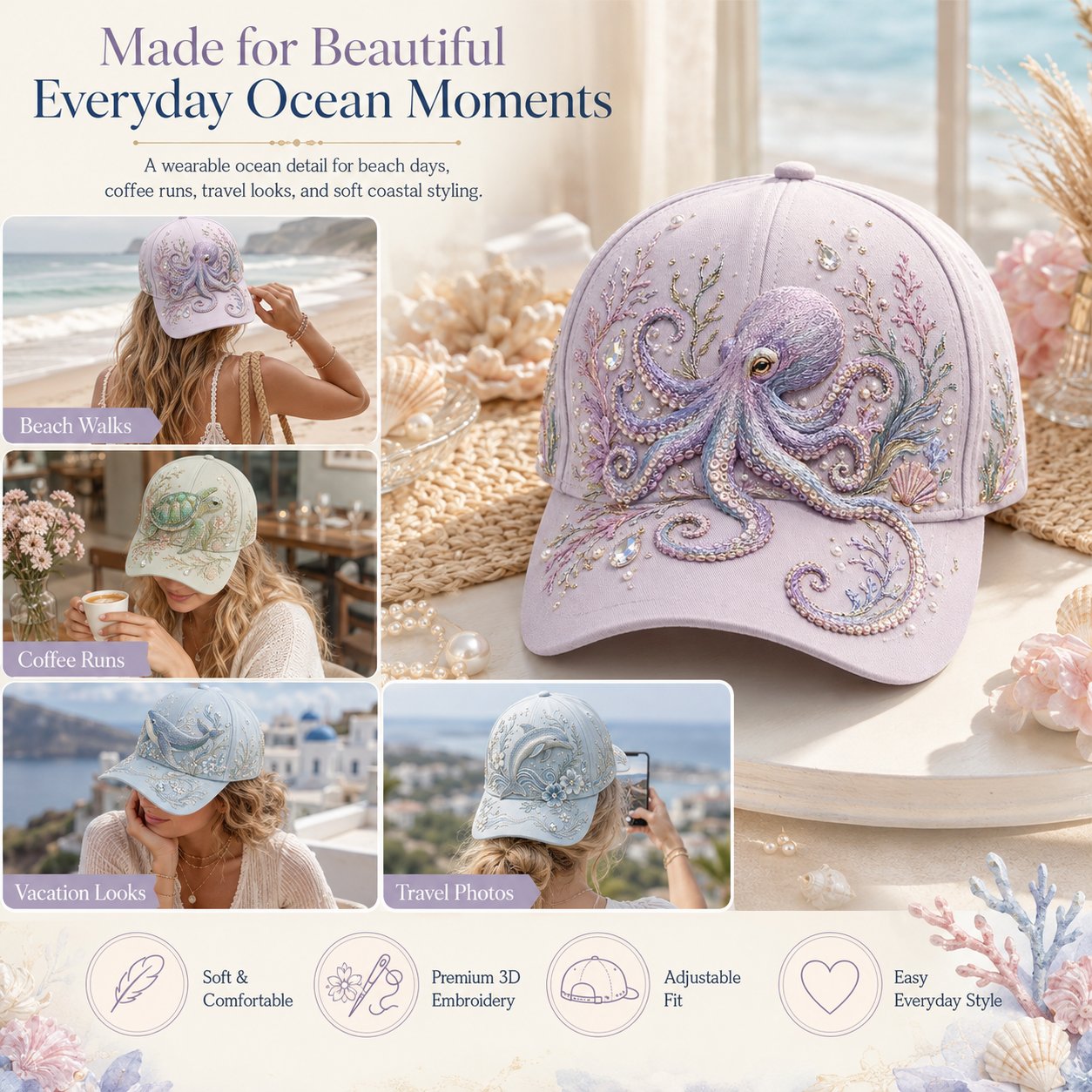 🌊 3D Ocean Creatures Printing Cap | Pearl & Crystal Adjustable Hat for Beach, Travel & Everyday Wear