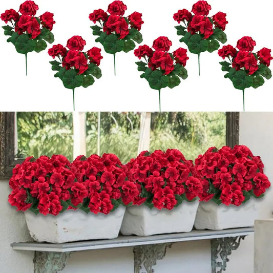 🎀UV Resistant Artificial Geraniums – Outdoor Red Faux Flowers for Patio, Garden & Home Decor