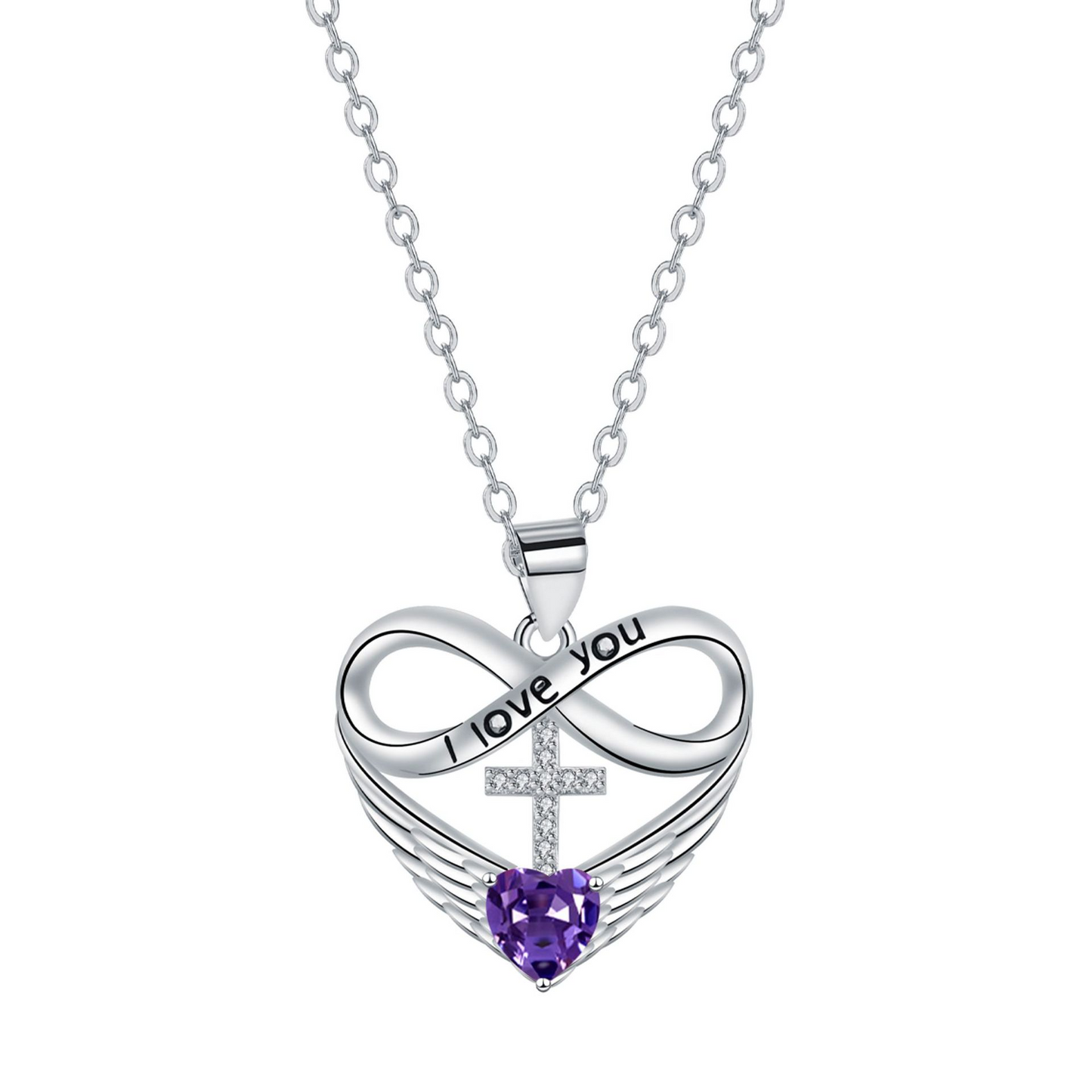 I Love You Forever Heart Angel Wing Cross Necklace