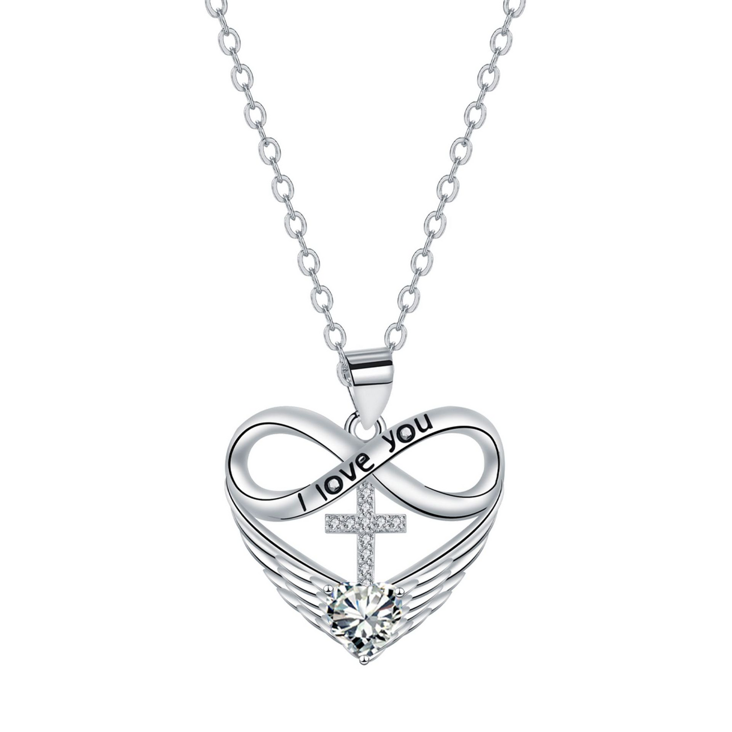 I Love You Forever Heart Angel Wing Cross Necklace