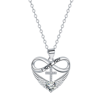 I Love You Forever Heart Angel Wing Cross Necklace