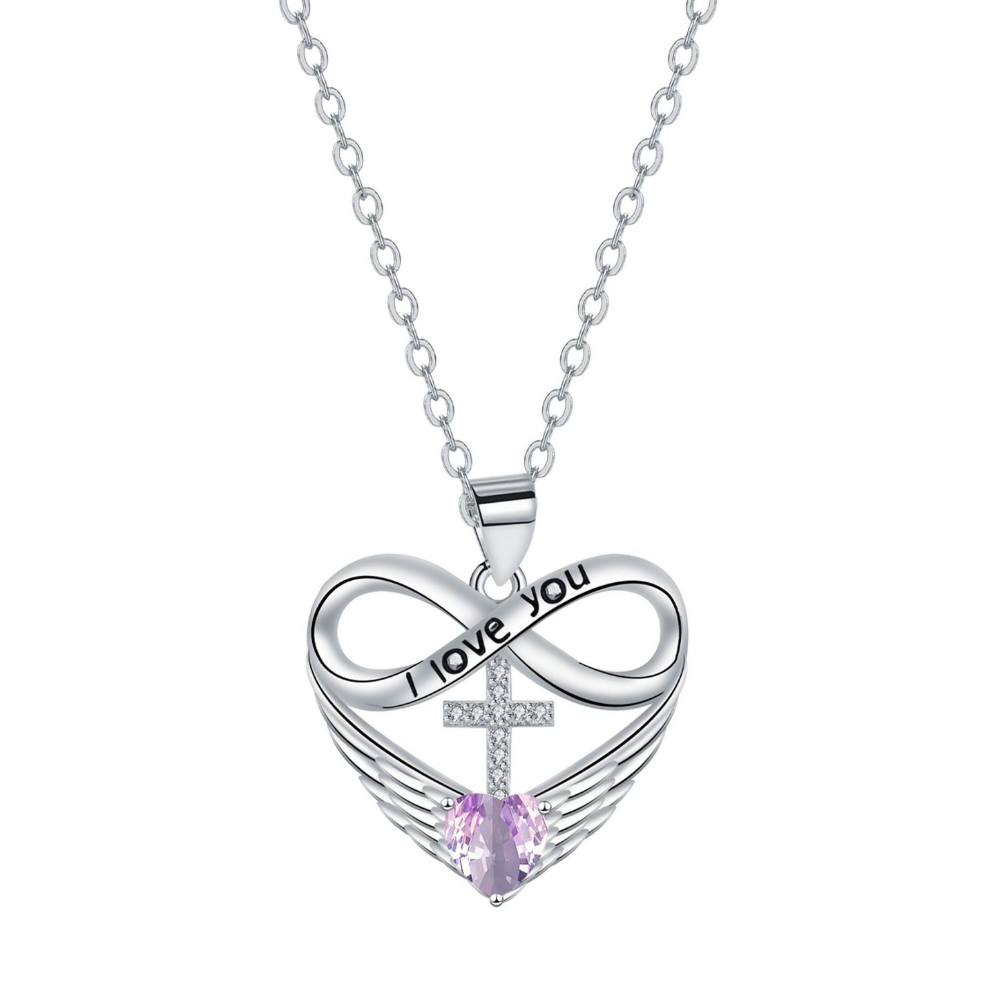 I Love You Forever Heart Angel Wing Cross Necklace