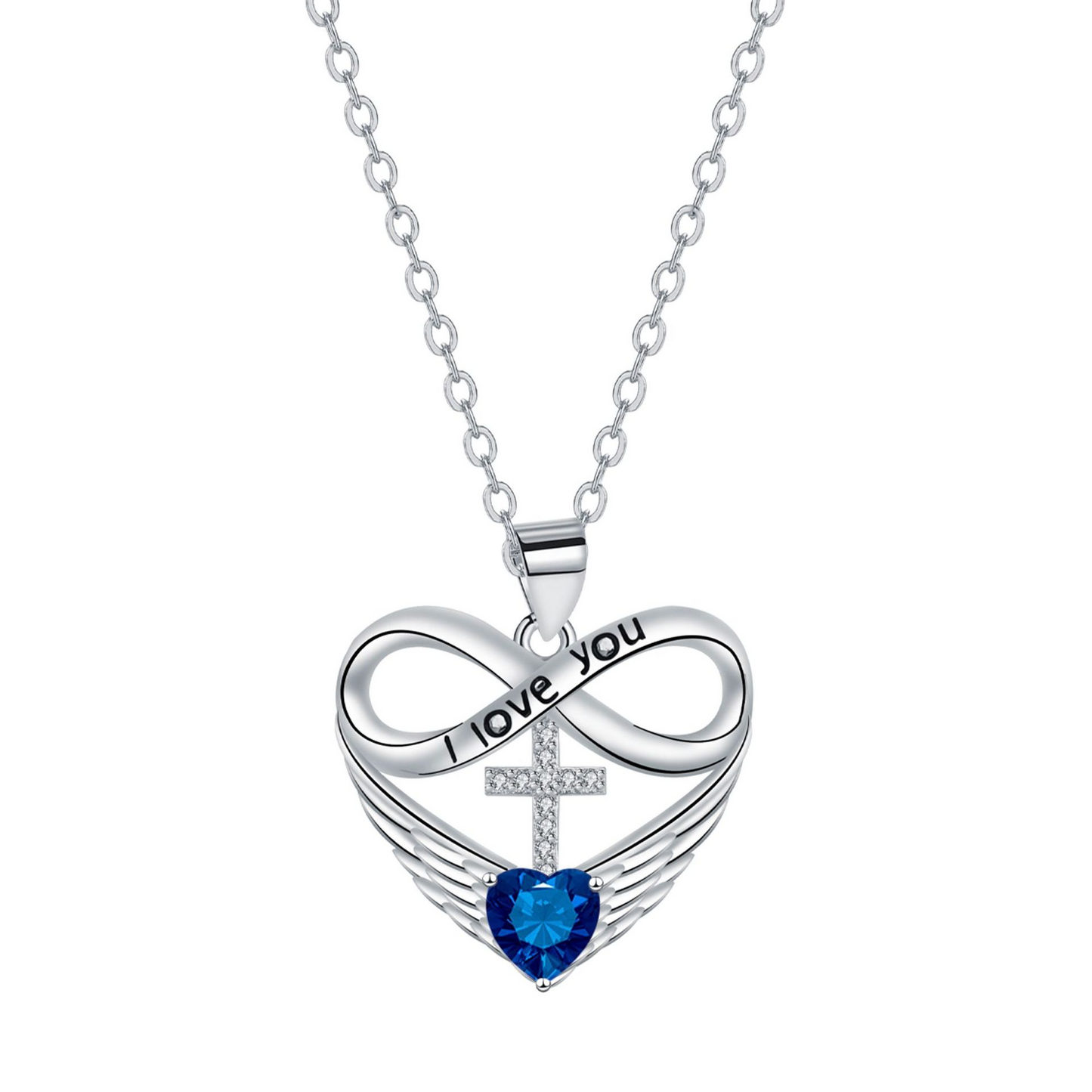 I Love You Forever Heart Angel Wing Cross Necklace