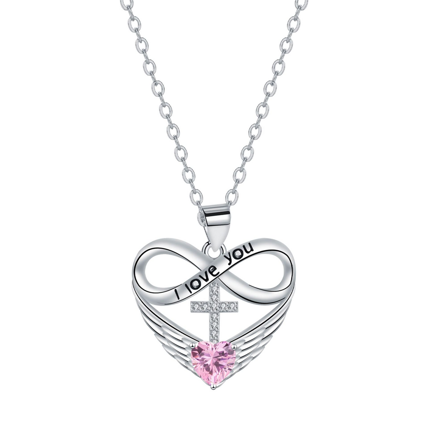 I Love You Forever Heart Angel Wing Cross Necklace