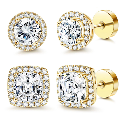 😍 Buy 1 Get 1 Free🔥Halo Stud Earrings 4-Pack - Gold & Silver Round/Square Styles