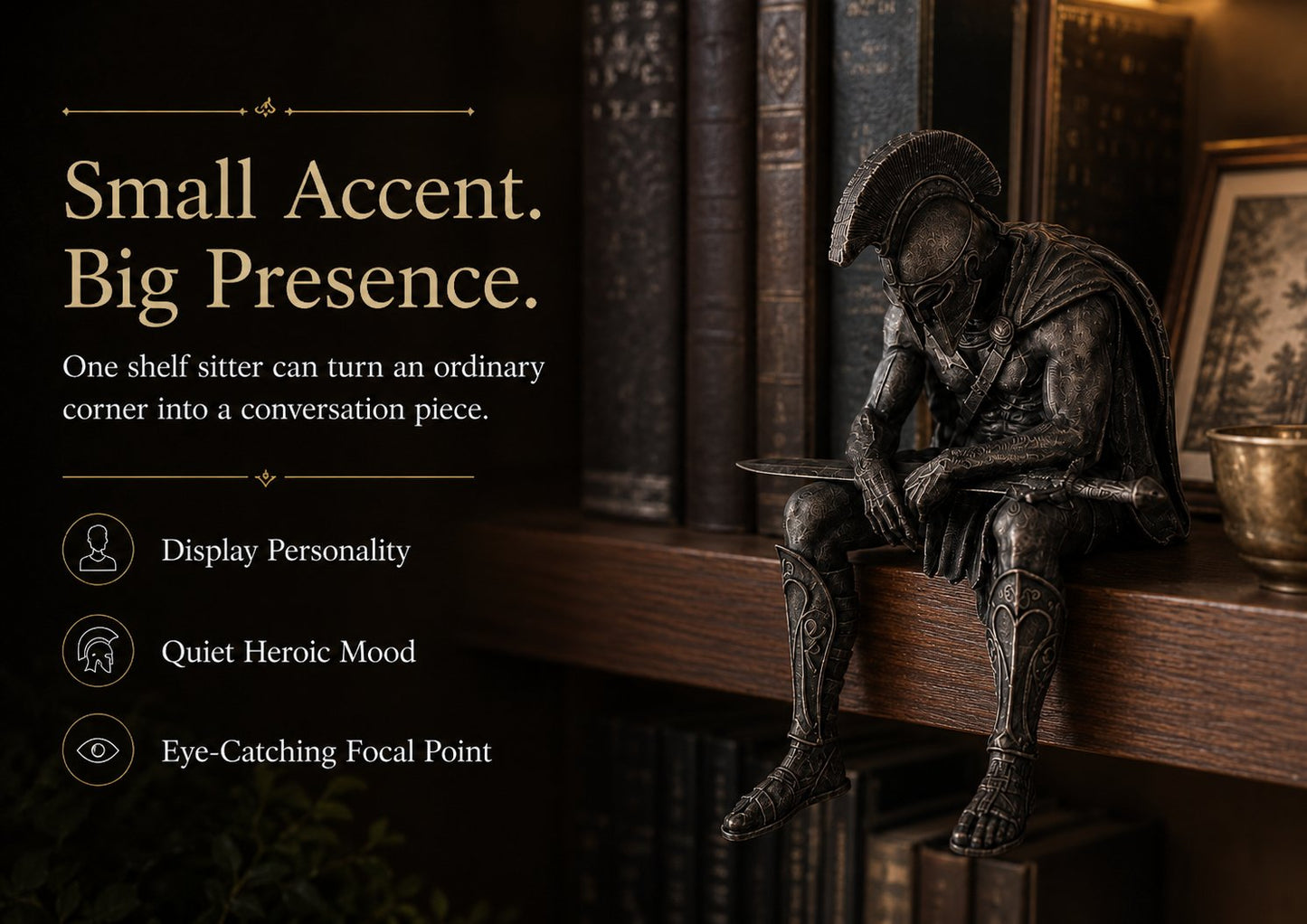 ⚔️ Ancient Greek Warrior Shelf Sitter – Unique Bookshelf Decor
