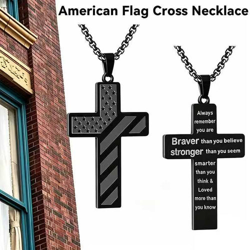 ✝️Stainless Steel Cross Necklace – Bible Verse + American Flag Pendant🎁