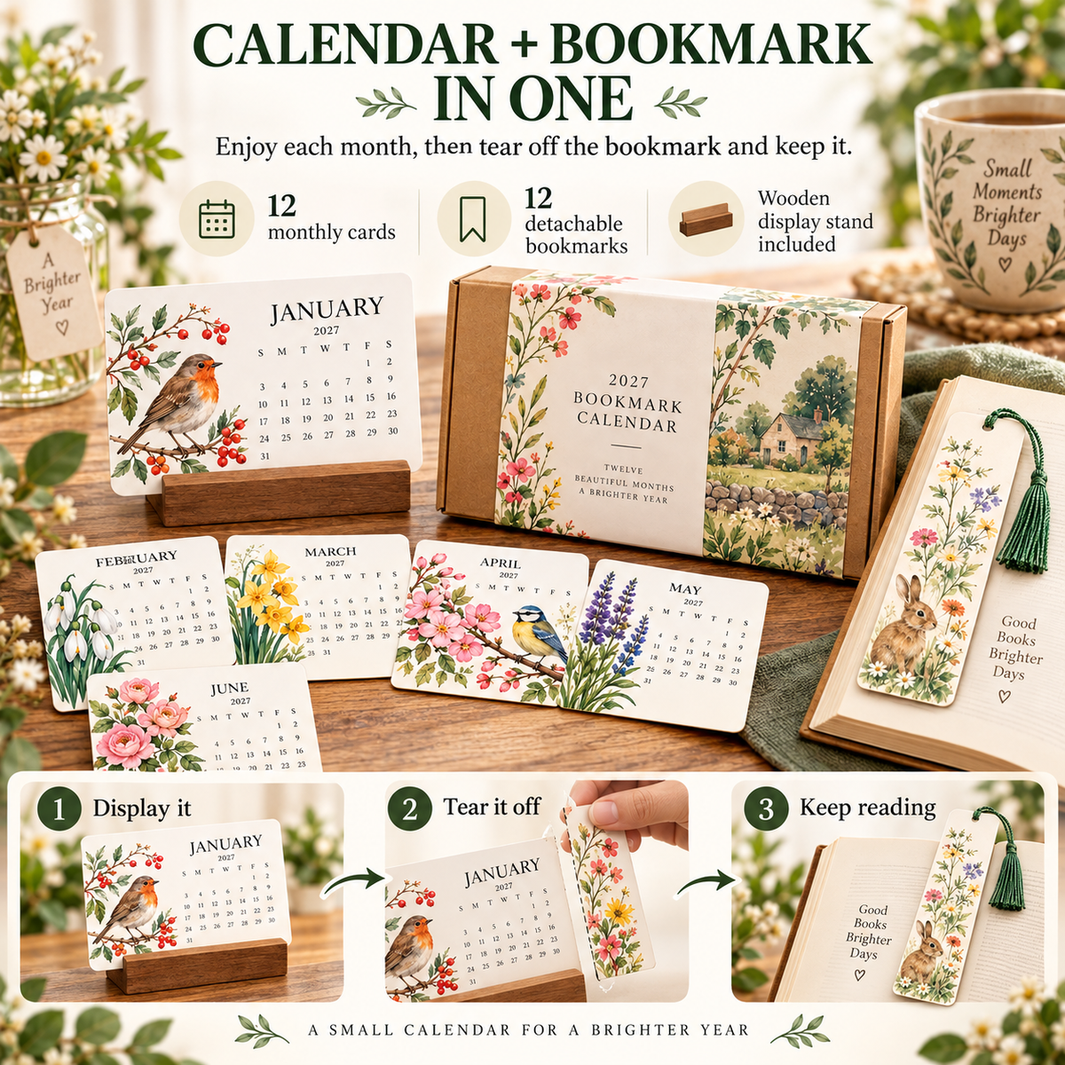 🌸 2027 A Year of Little Keepsakes – 12-in-1 Bookmark Calendar