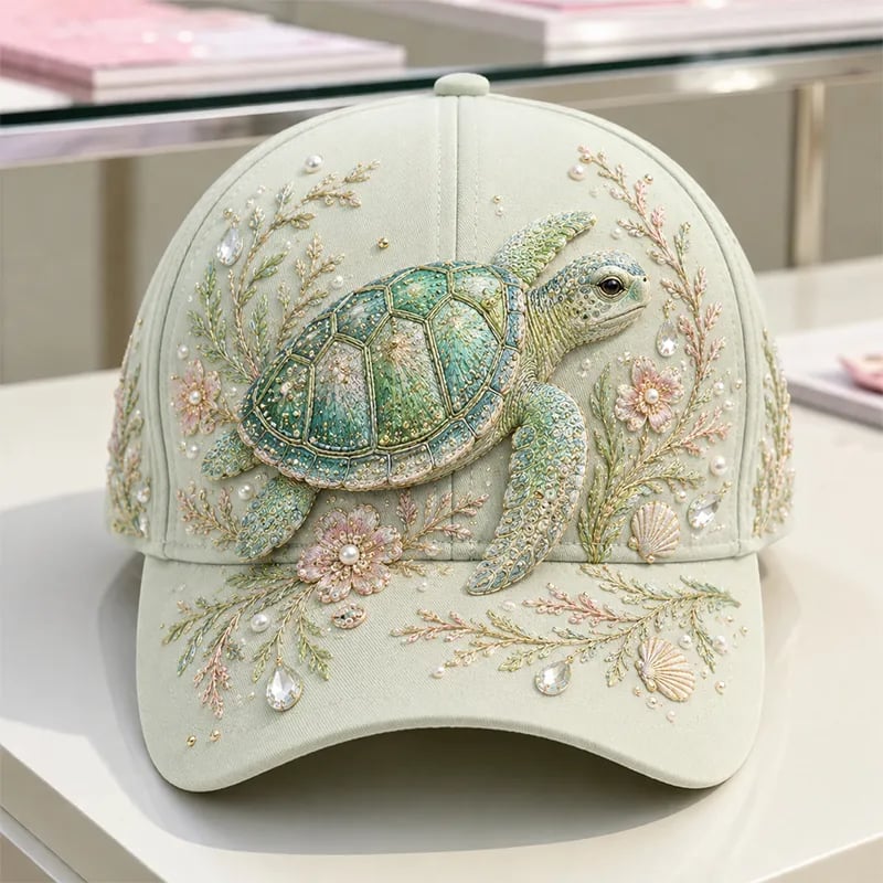 🌊 3D Ocean Creatures Printing Cap | Pearl & Crystal Adjustable Hat for Beach, Travel & Everyday Wear