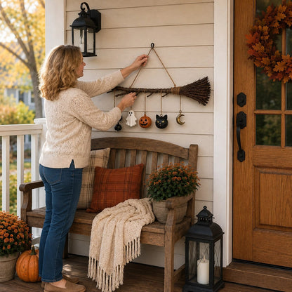 🍂 Lighted Fall Broom Wall Hanging – Cozy Halloween & Autumn Decor