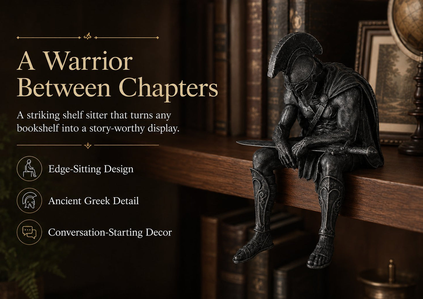 ⚔️ Ancient Greek Warrior Shelf Sitter – Unique Bookshelf Decor