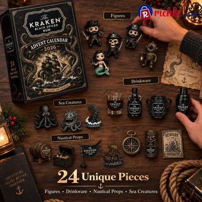 24-Day Kraken Rum Mini Bottle Advent Calendar Set for Holiday Bar Table Display Rum Lover Collectible Gift Christmas