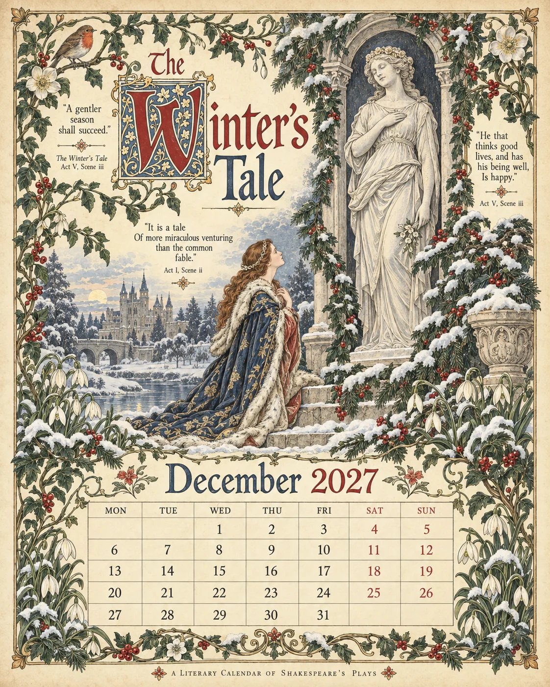 🎁A Shakespearean Year 2027 – 12 Plays Through the Seasons | Vintage Illustrated Wall Calendar
