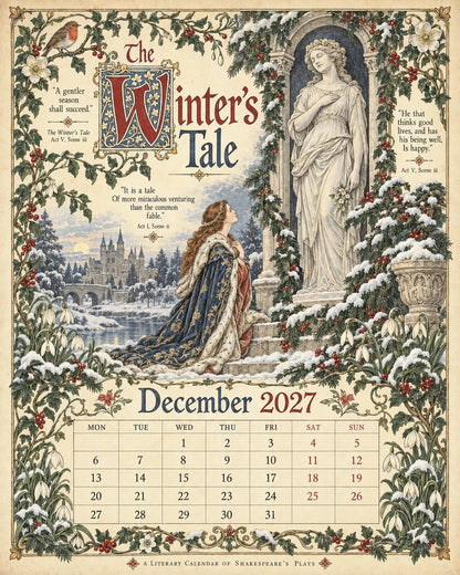 🎁A Shakespearean Year 2027 – 12 Plays Through the Seasons | Vintage Illustrated Wall Calendar