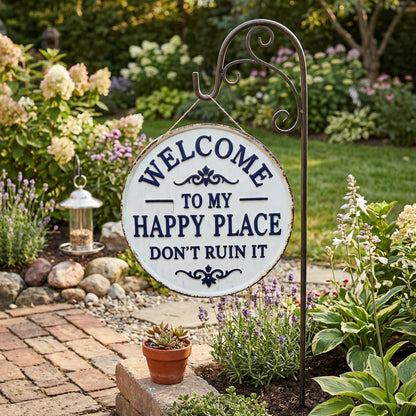 😂Vintage Round Metal Sign – “Welcome to My Happy Place Don’t Ruin It” Garden Wall Decor
