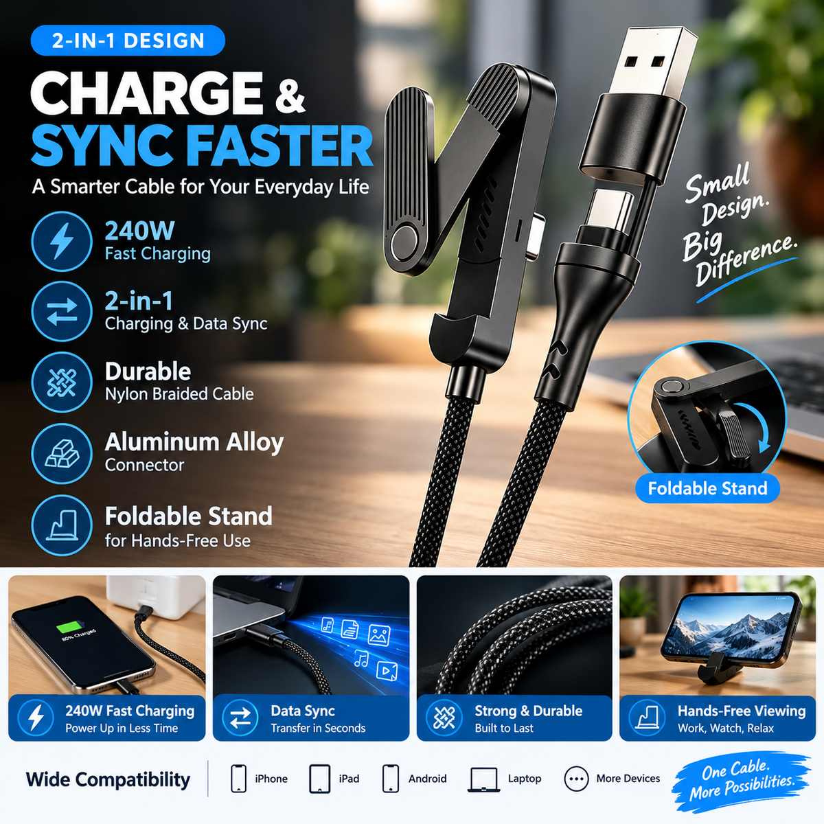 📱 2-in-1 Fast Charging Cable with Phone Stand – Charge & Watch Hands-Free ⚡