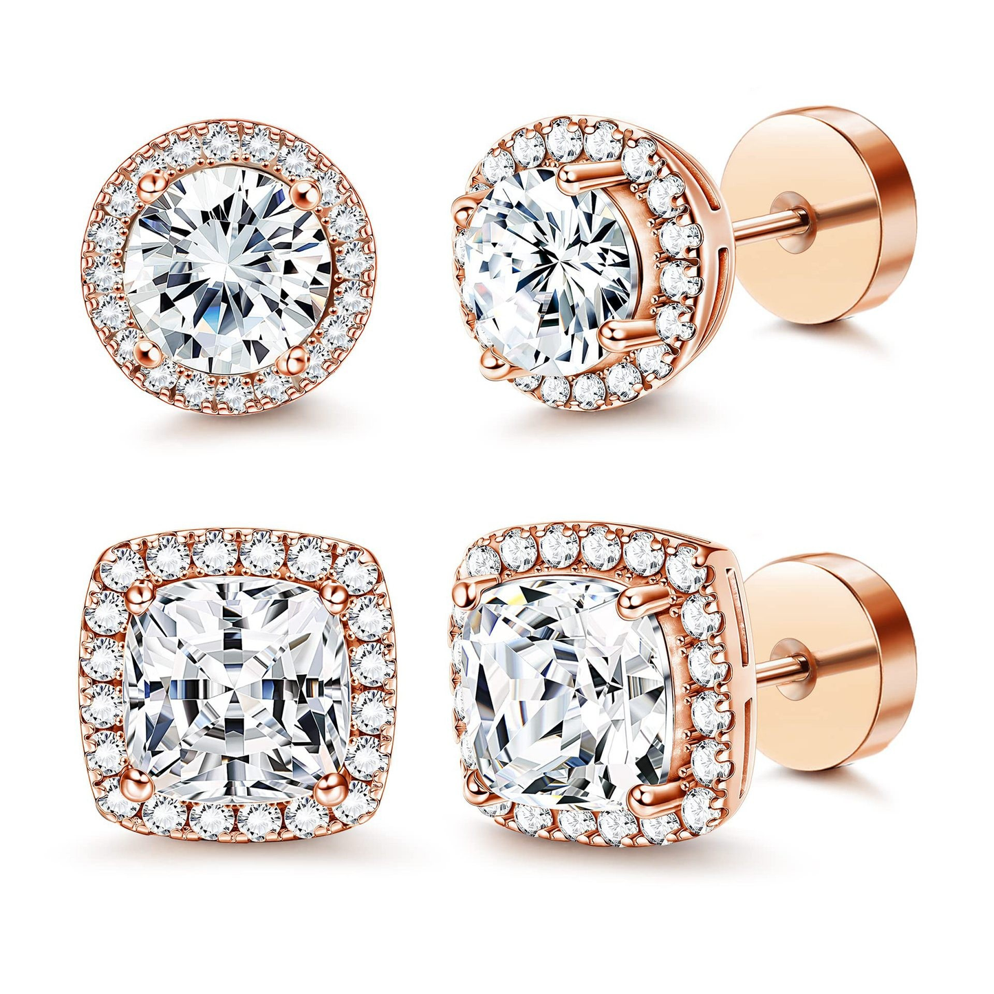 😍 Buy 1 Get 1 Free🔥Halo Stud Earrings 4-Pack - Gold & Silver Round/Square Styles