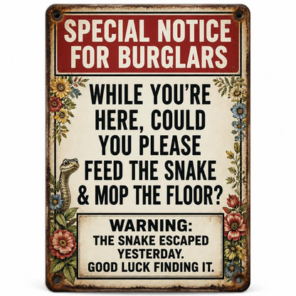 ✈️ Vacation Ready? Funny Snake Metal Sign — Psychological Burglar Deterrent for Porch & Yard 🔒