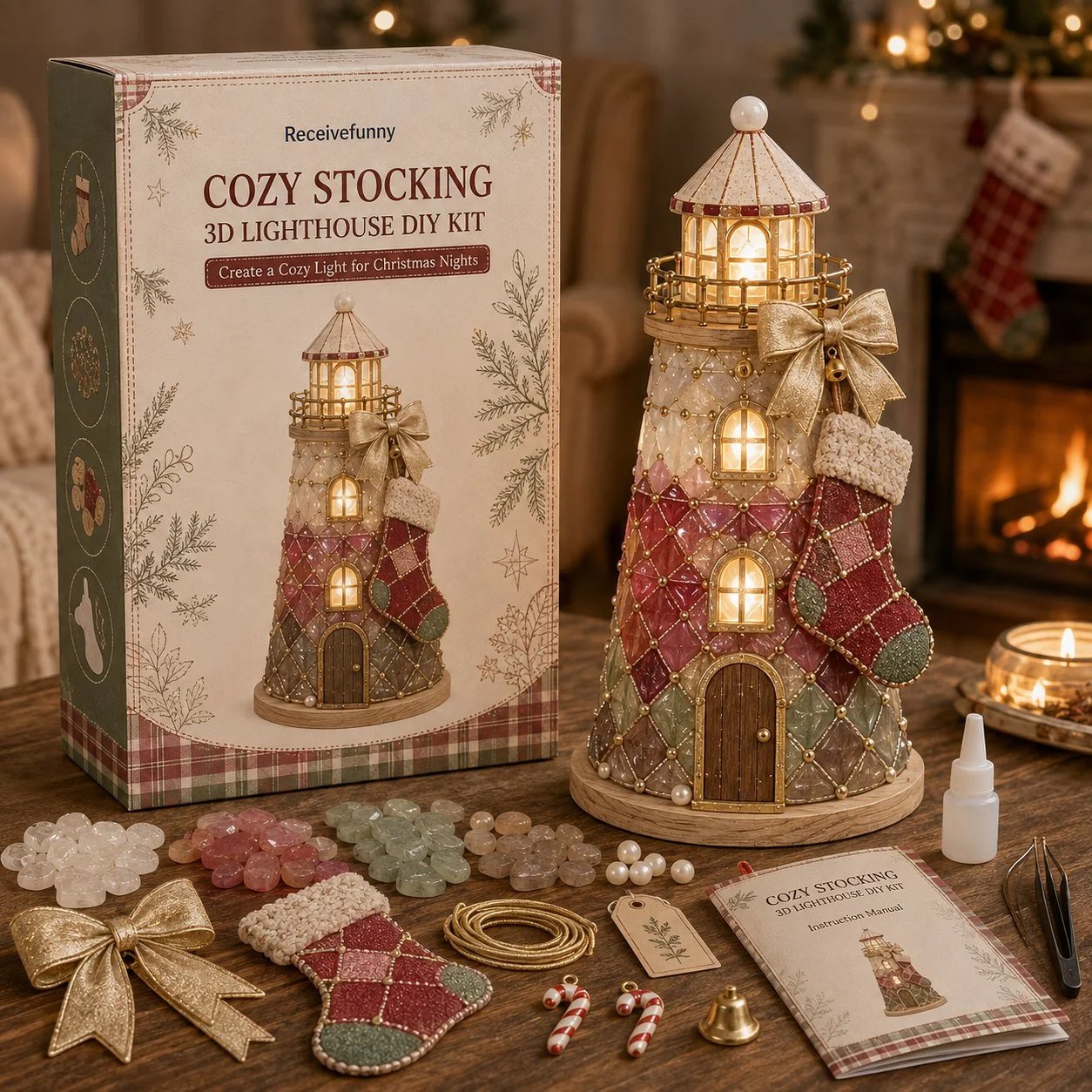 🎄Beginner-Friendly DIY Lighted Christmas Character Sea Glass-Style Lighthouse Kit Collection | Complete Kit with Sea Glass-Style Pieces, LED Lights & Step-by-Step Guide Included 💕