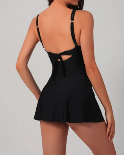 💃2026 Hot Sale🌟Womens Deep V Tummy Control Scalloped Modest Tie Knot One Piece Swimdress