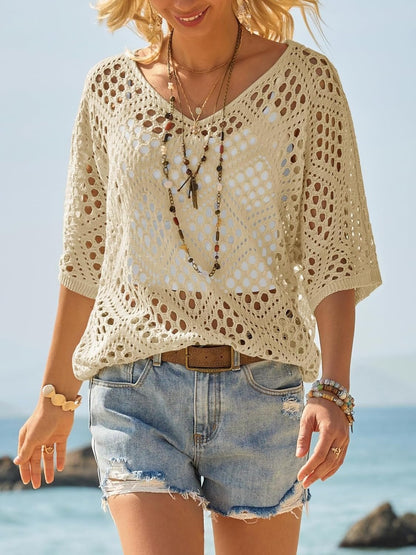🌿 Handmade Crochet V‐Neck Boho Top | Apricot Summer Essential