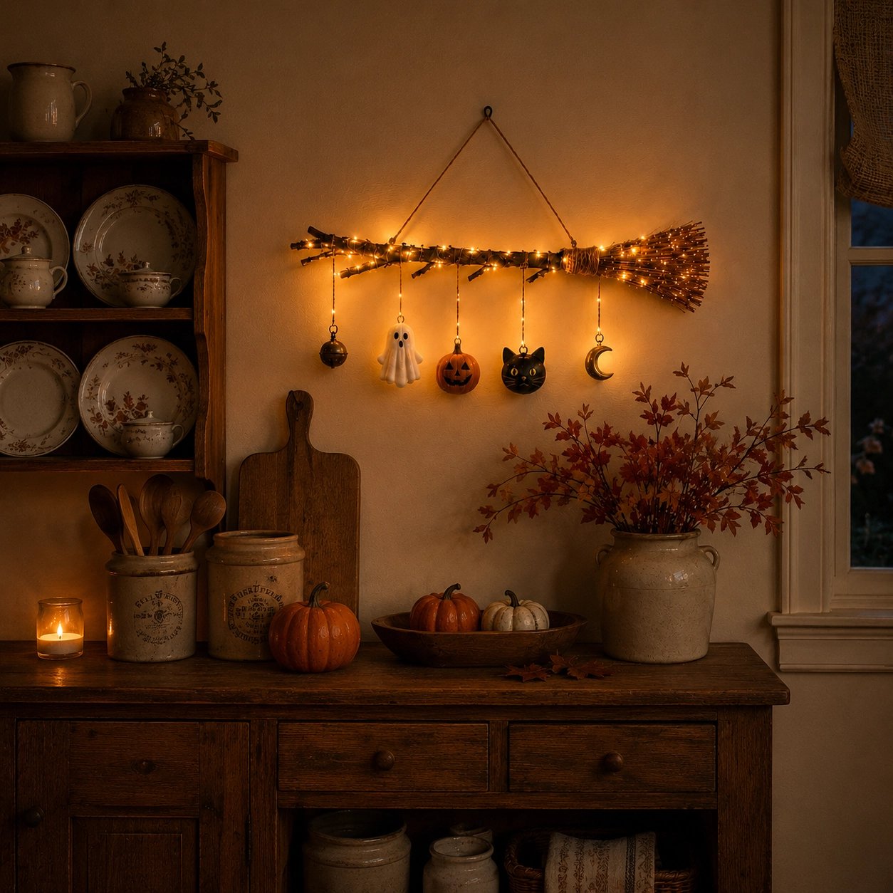 🍂 Lighted Fall Broom Wall Hanging – Cozy Halloween & Autumn Decor