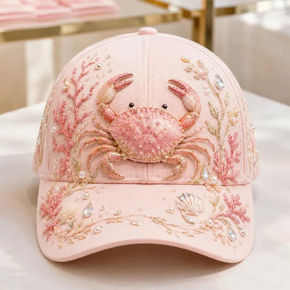 🌊 3D Ocean Creatures Printing Cap | Pearl & Crystal Adjustable Hat for Beach, Travel & Everyday Wear