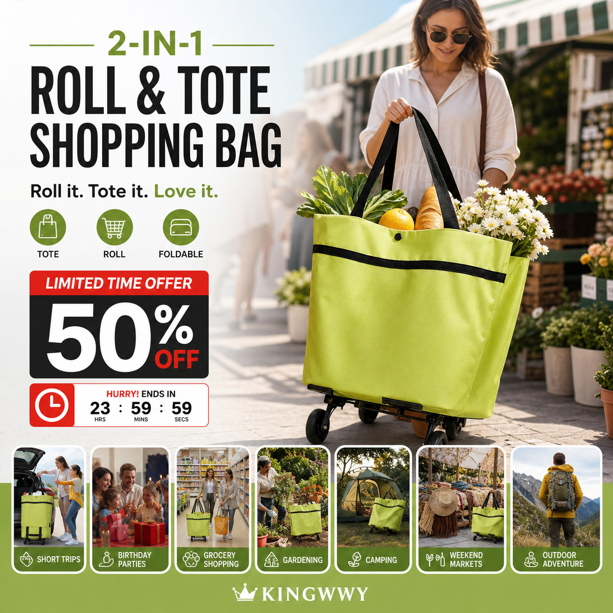 📢📢49% OFF !! ⏰2-in-1 Foldable Shopping Cart