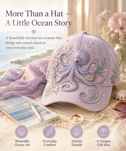 🌊 3D Ocean Creatures Printing Cap | Pearl & Crystal Adjustable Hat for Beach, Travel & Everyday Wear