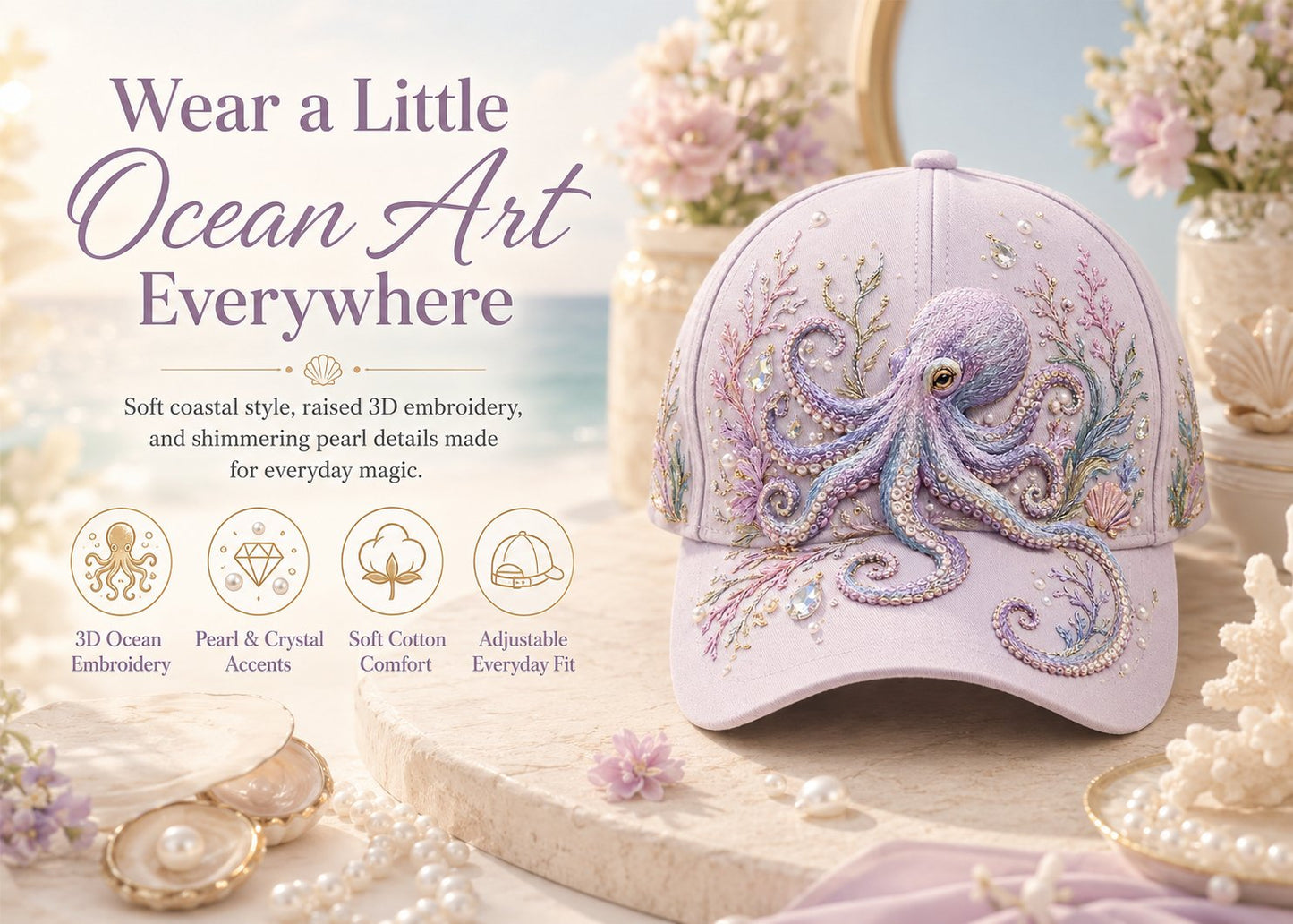 🌊 3D Ocean Creatures Printing Cap | Pearl & Crystal Adjustable Hat for Beach, Travel & Everyday Wear