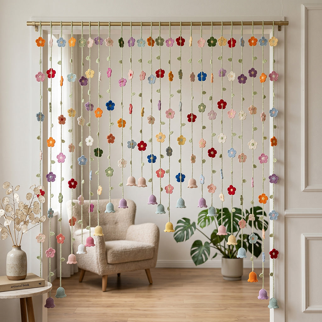 Hand-Crocheted Flower Door Curtain, Multi-Color Floral & Bell Orchid Design, Bedroom Decor, Trendy Gift