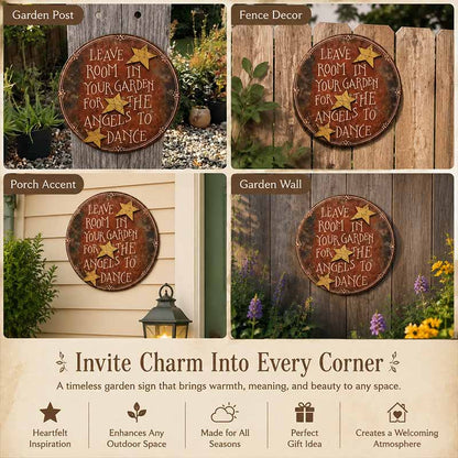 Vintage Round Metal Garden Sign | Leave Room In Your Garden For The Angels To Dance Wall Plaque