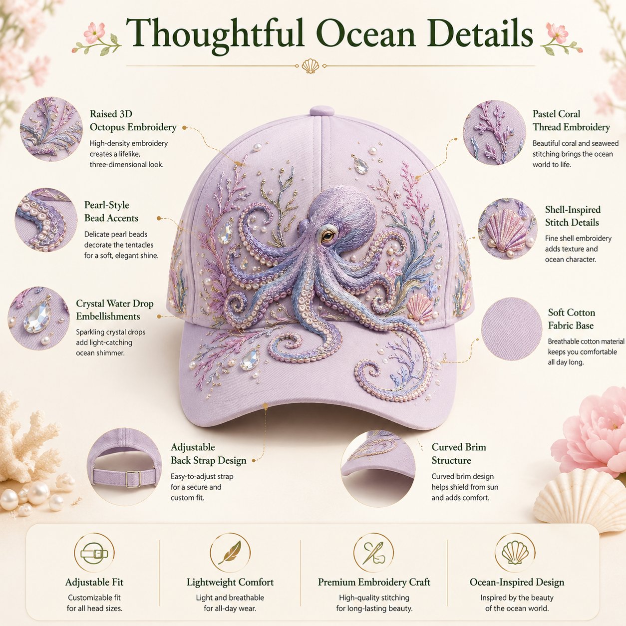 🌊 3D Ocean Creatures Printing Cap | Pearl & Crystal Adjustable Hat for Beach, Travel & Everyday Wear