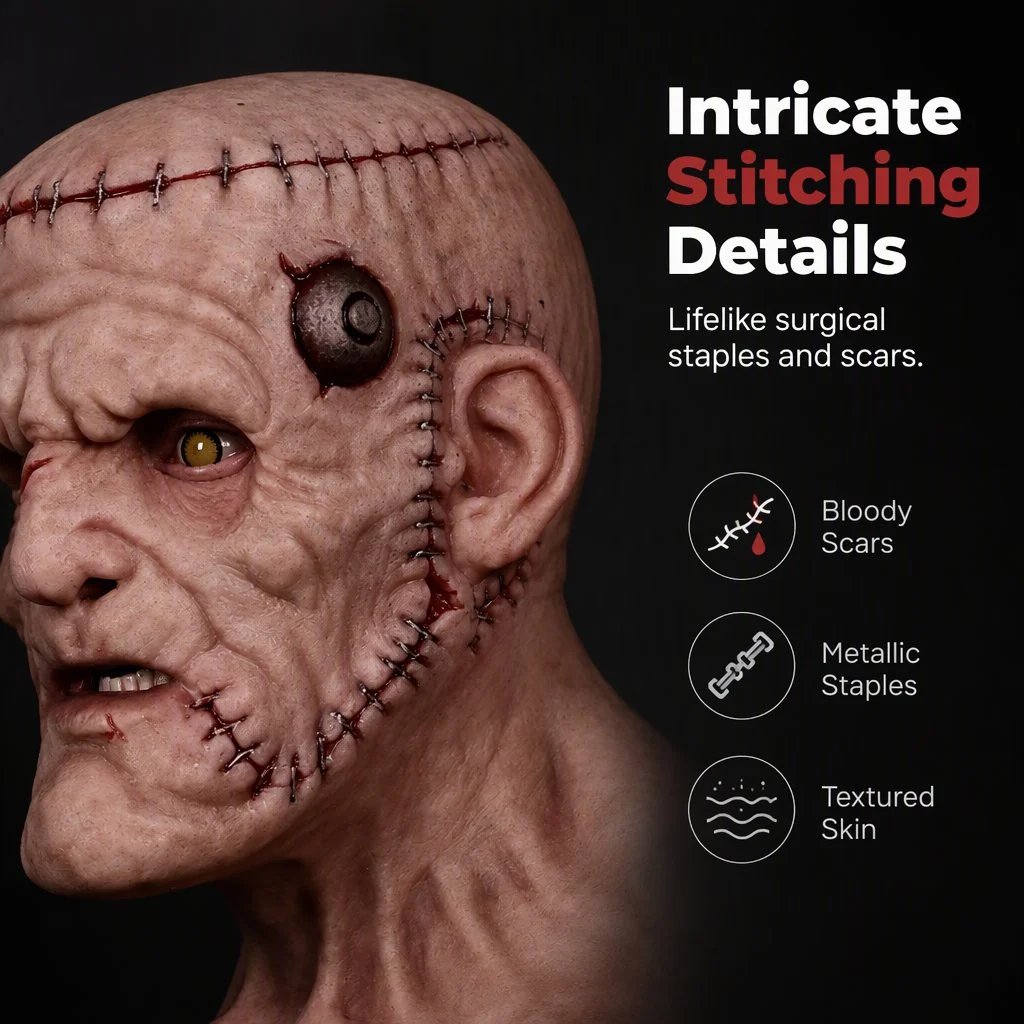 ⭐👹 Stitched Monster Full-Head Silicone Horror Mask | Costume Piece