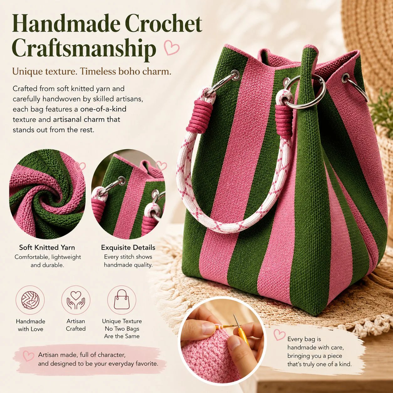 📢📢40% OFF !! ⏰🌴 Boho Striped Knit Bucket Handbag for Women – Handmade Summer Beach Shoulder Bag