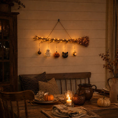 🍂 Lighted Fall Broom Wall Hanging – Cozy Halloween & Autumn Decor
