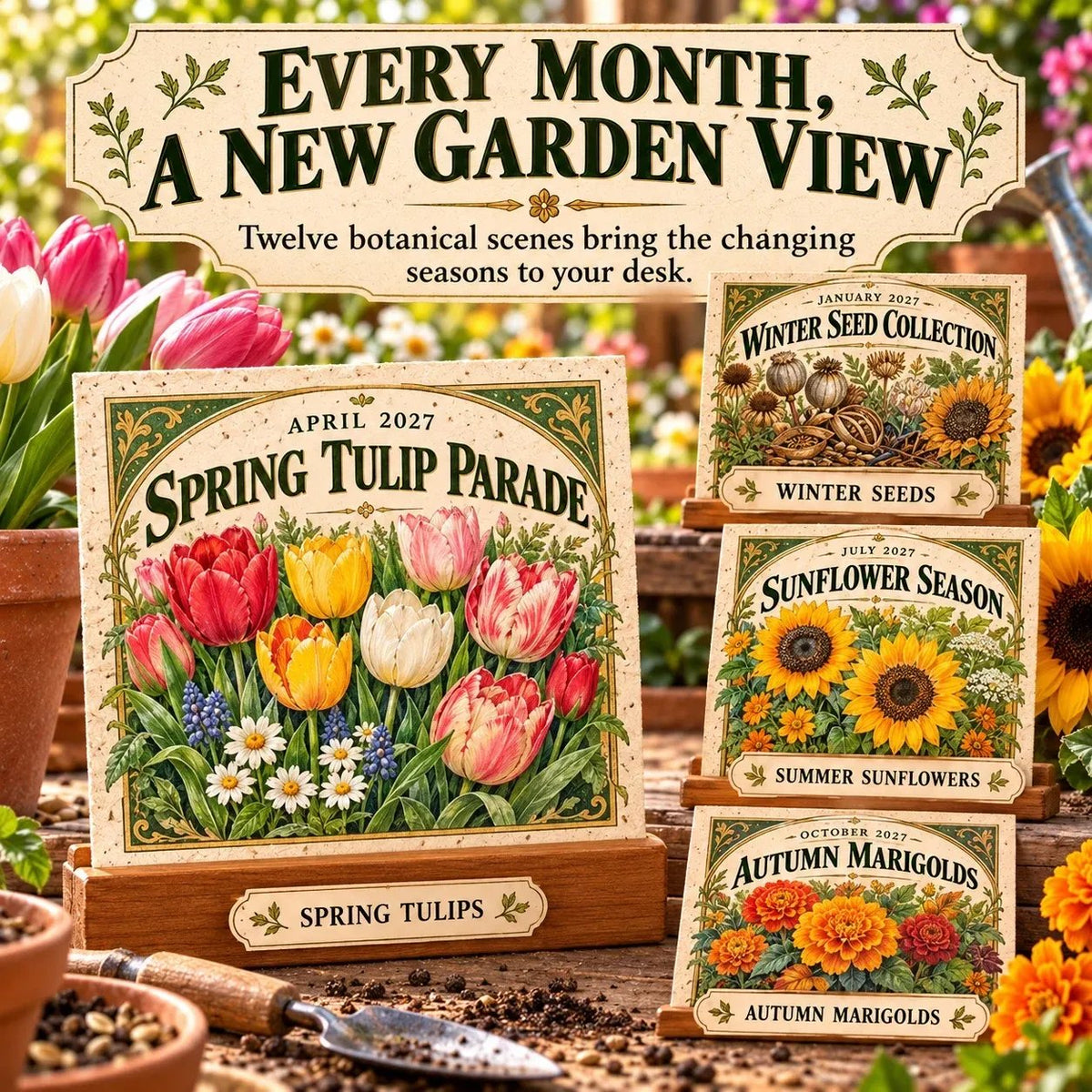 🌱 2027 Heirloom Garden Plantable Seed Calendar | 12 Plantable Months with Vintage Botanical Art & Wooden Stand 🌼