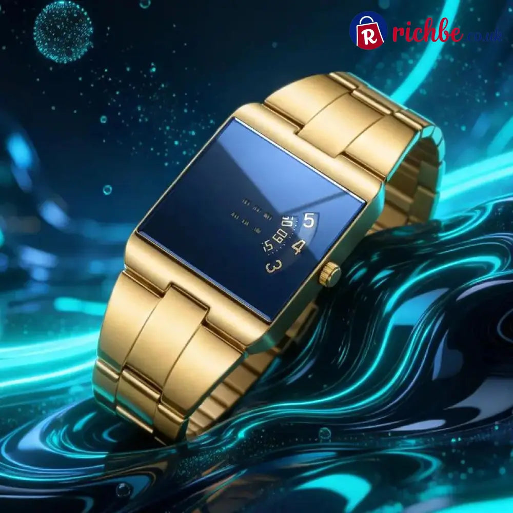 ⌚49% OFF NOW! ✨Men’s Square Face Quartz Watch – Gold Stainless Steel Band Unique Dial Design Business Casual Fashion